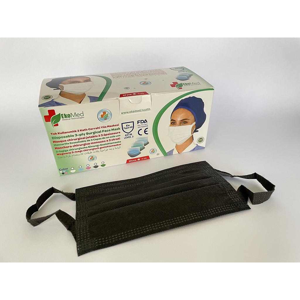 Disposable non-sterile 3 layers medical face mask - BLACK, wide earloops (box 50 pcs.)